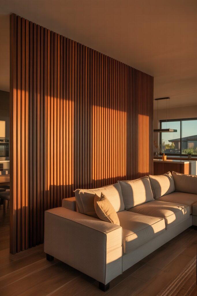 Warm Wood Slats for Open-Plan Living Rooms