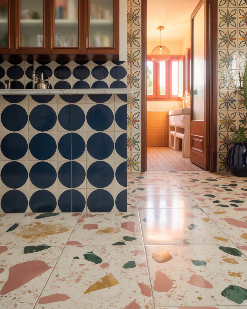 Terrazzo and Vintage Tile Pattern Underfoot and Overhead