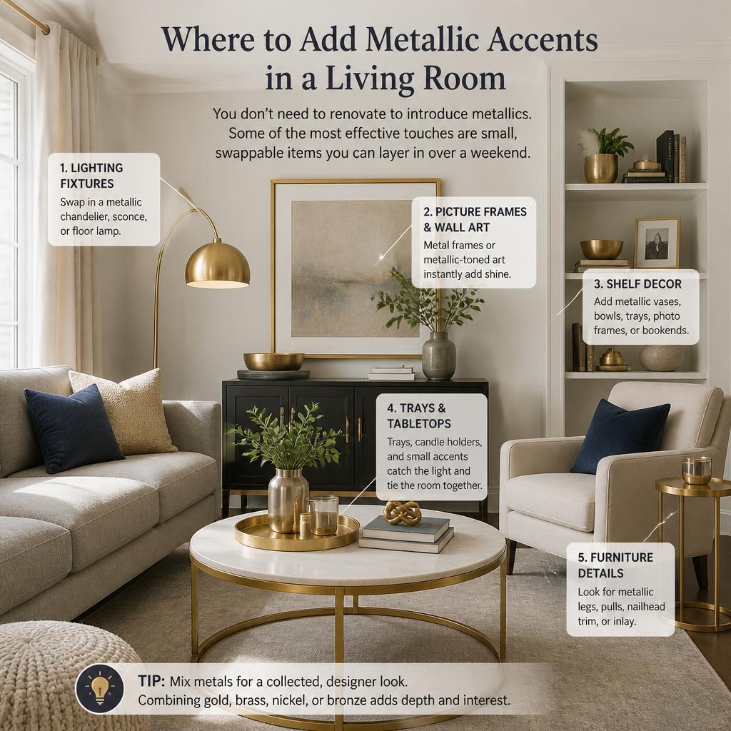 Where to Add Metallic Accents in a Living Room